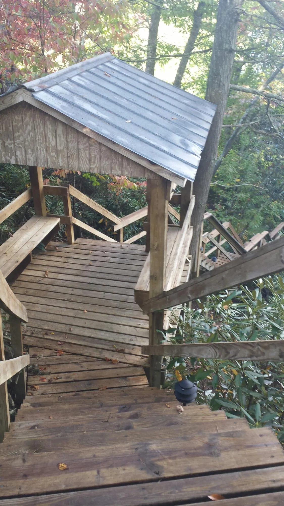 Metal roofed shelter over wooden steps on a wooded walkway — Skylight Repair & Installation work by our crew in Canfield